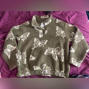 SO Goods For Life Olive Green Butterfly Sherpa Quarter Zip Pocket Pullover Large